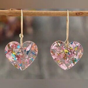 Heart-Shaped Pink and Gold Drop Earrings NWOT